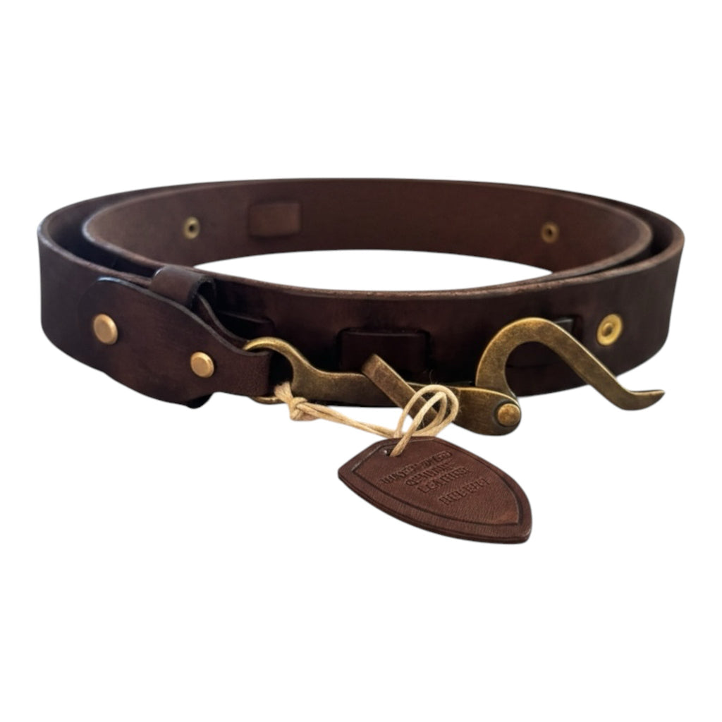 Pol brown genuine leather waist belt with a vintage-inspired brass hook buckle and reinforced rivets.