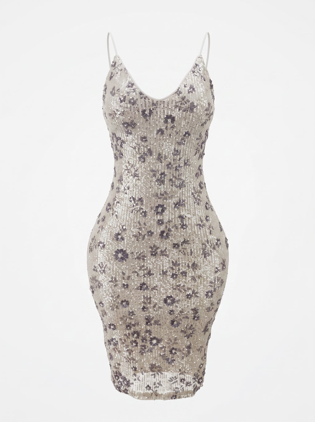 Flow Felines champagne mini dress featuring floral sequin embellishments, spaghetti straps, and a form-fitting cut.