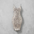Flow Felines champagne mini dress with floral sequin embellishments, spaghetti straps, and a form-fitting silhouette.