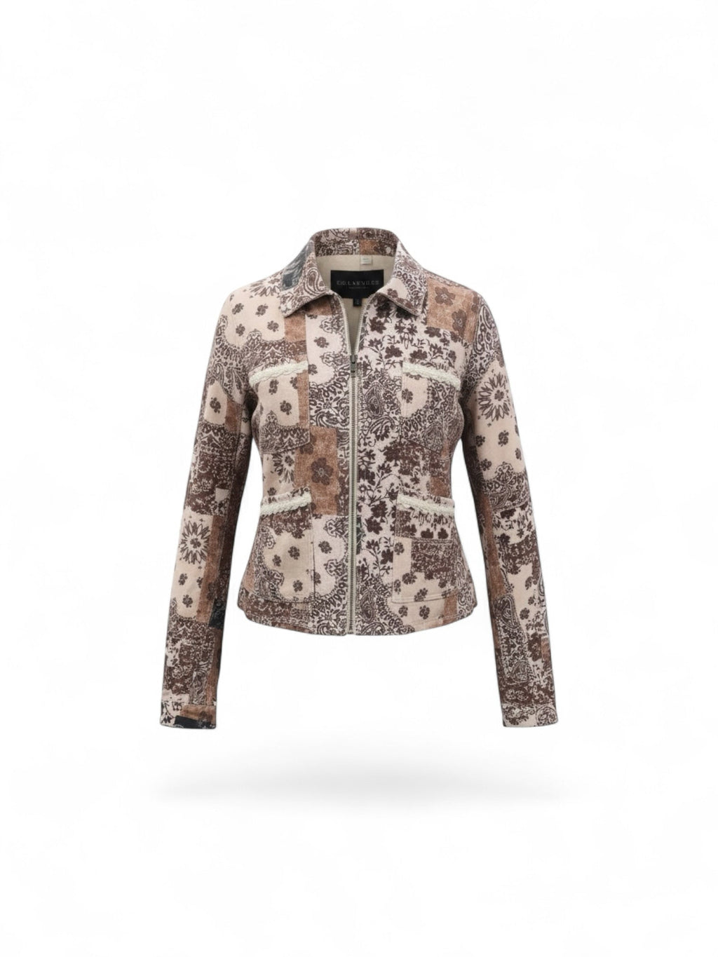 brown and cream patchwork zip-up jacket with paisley floral patterns, structured collar, and frayed trim.