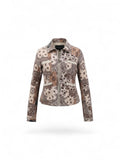 brown and cream patchwork zip-up jacket with paisley floral patterns, structured collar, and frayed trim.