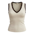 Flow Felines cream ribbed knit tank top with a chocolate brown V-neckline featuring delicate floral stud details.