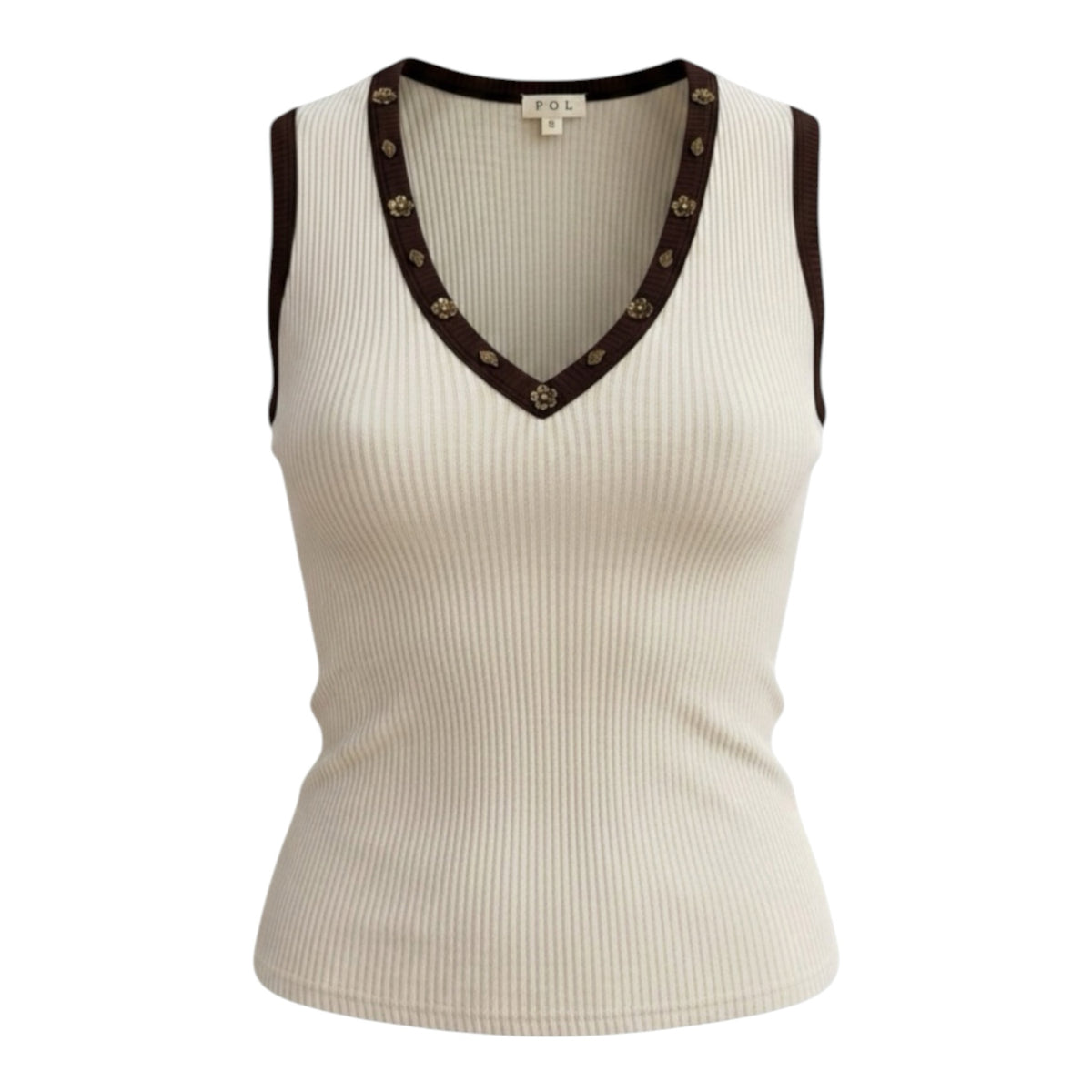Flow Felines cream ribbed knit tank top with a chocolate brown V-neckline featuring delicate floral stud details.