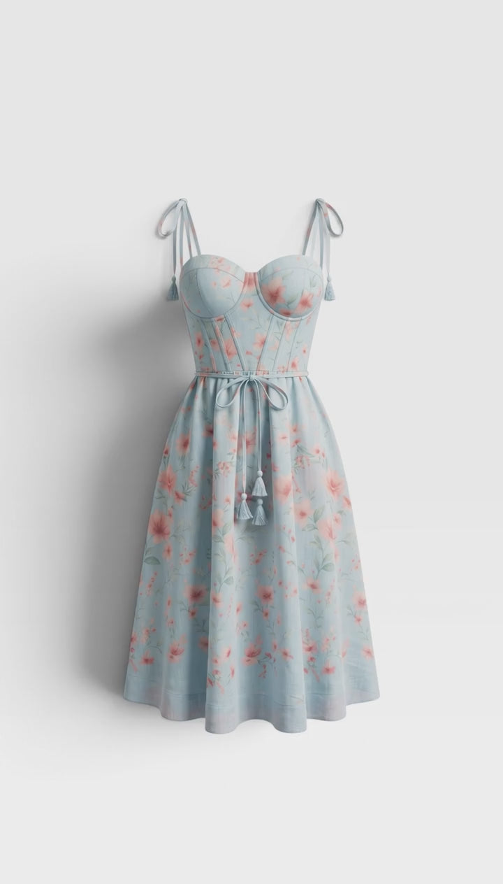 Catnip Garden powder blue floral corset dress with lace-up back and handkerchief hem – product video